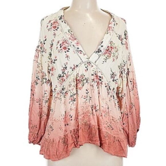 Penelope Rose Women's XL Flowy Top Pink Floral Ombre Cottagecore Blouse Babydoll - Picture 1 of 9